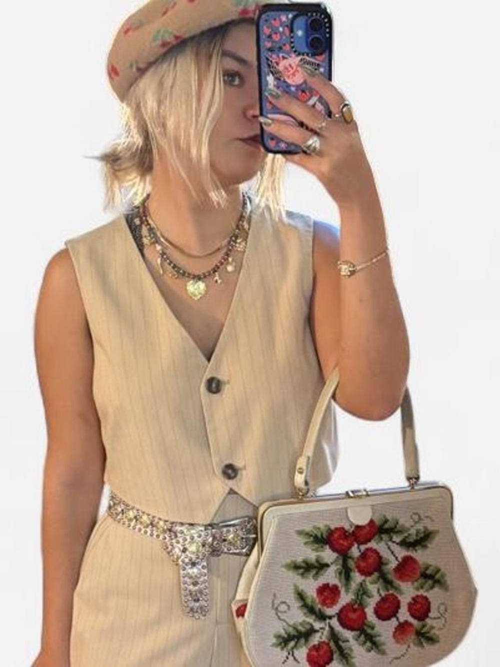 Vero Moda Tan and Red Pinstripe Cropped Vest